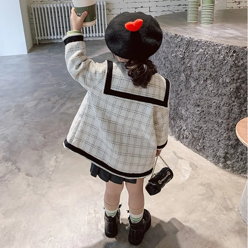 Mihkalev kids autumn jacket and coat single breasted children plaid woolen coat Baby girls lattice windbreak girl outerwear