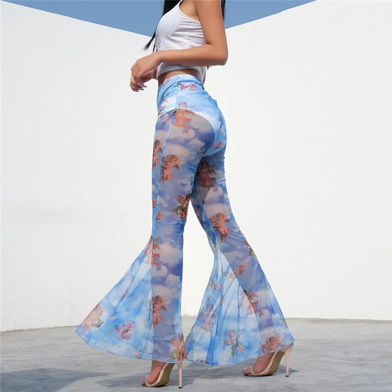 Pantalones Mujer Moda размера плюс сексуальные прозрачные расклешенные штаны с высокой талией штаны с принтом ангела Femme цветочный 5#5