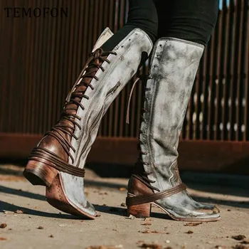 

TEMOFON 2020 fashion over the knee boots women vintage tassel women boots square heel autumn winter shoes botines mujer HVT1387