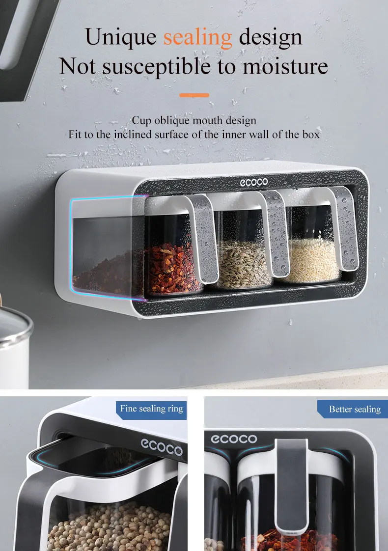 Ecoco Wall Mount Spice Rack Sugar Bowl Salt Shaker Seasoning Container Spice Boxes description image 6
