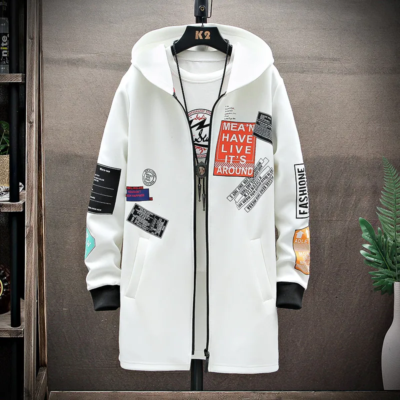 Fashion Printed Mens Trench Coat Hooded Harajuku Windbreaker