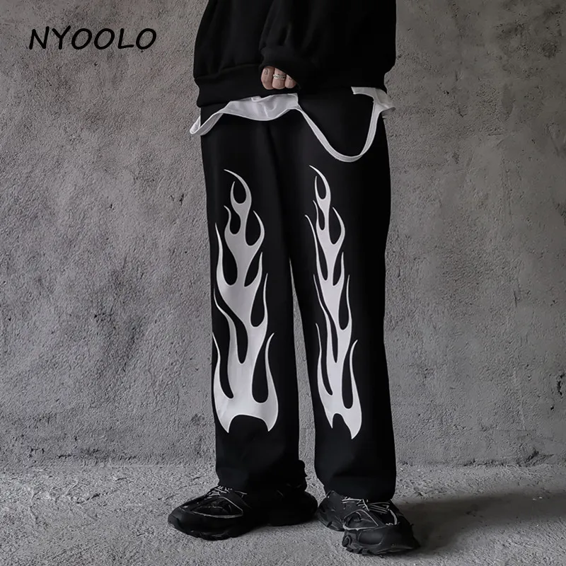 NYOOLO Harajuku стиль винтаж пламя печати jogger брюки осень уличная эластичная талия Полная длина Прямые брюки женские мужские - Цвет: Черный