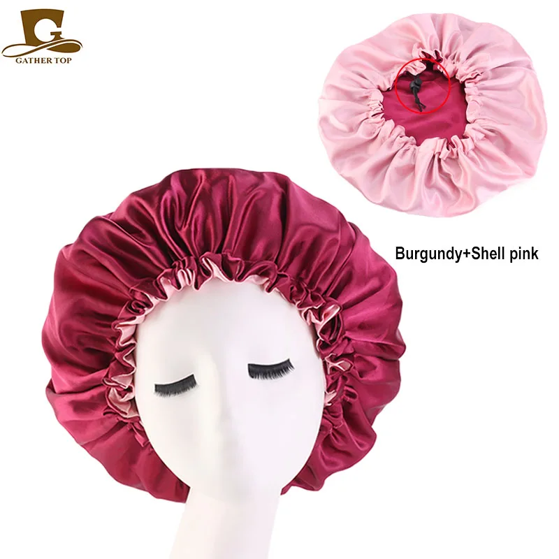 New Reversible Satin Bonnet double layer adjustable size Sleep Night Cap Head Cover Bonnet Hat for For Curly Springy Hair Black ladies head wraps