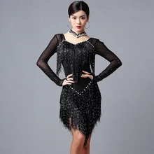 Латинские танцевальные платья для танцев с длинными рукавами с пайетками платье с бахромой единого дизайна для ча-ча/румбы/самбы/бальных танцев Одежда для танцев костюм для латиноамериканских танцев DQL2471