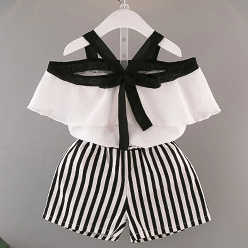 

Kids Summer Suits 2019 New Style Children Clothes Suits Cute Bow Design T-shirt+Short Striped Pants For Girl Casual Clothes Sets
