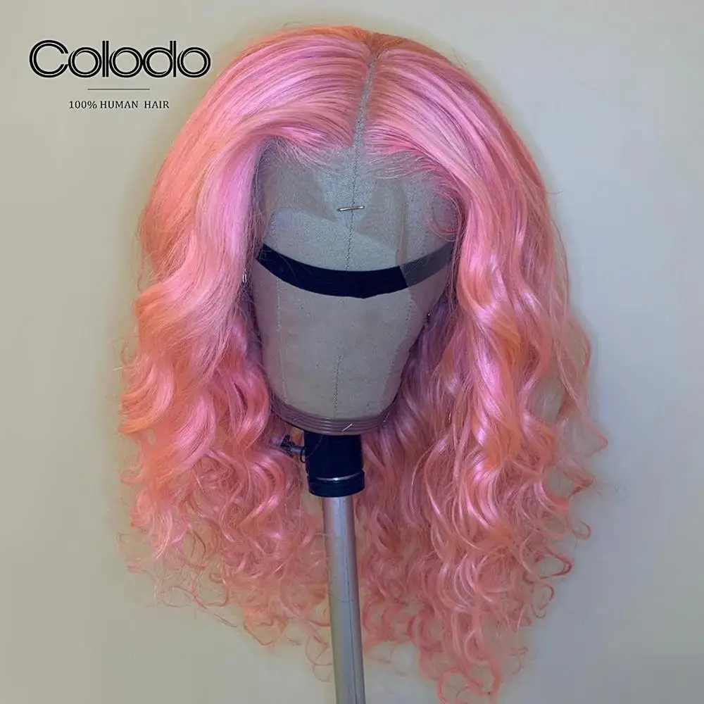 

COLODO 13x4 Lace Front Human Hair Wigs Pre Plucked Pink Loose Wave Wig Brazilian Remy Transparent Lace Wigs With Baby Hair