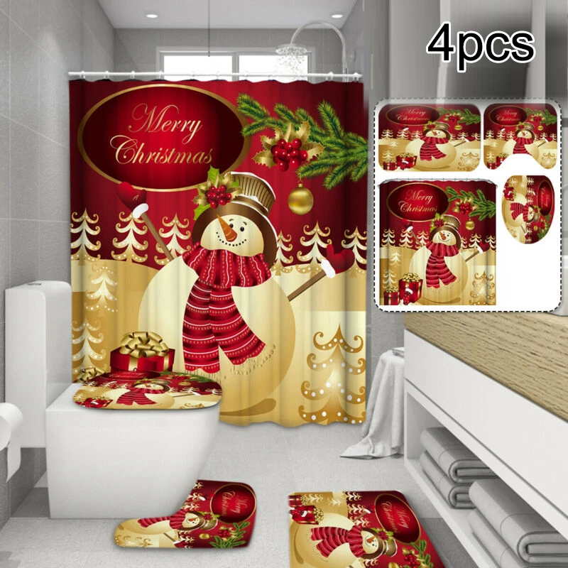 

3/4pcs Christmas Shower Curtain Toilet Seat Cover Snowman Santa Bathroom Mat Anti-slip Carpet Rug Kerst navidad 2019