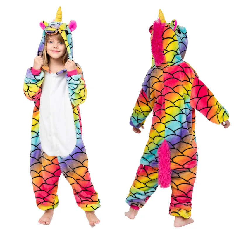 Oneise/Детские фланелевые пижамы с рисунками животных; зимние детские пижамы с капюшоном и рисунком единорога для мальчиков и девочек; одежда для сна - Цвет: L038