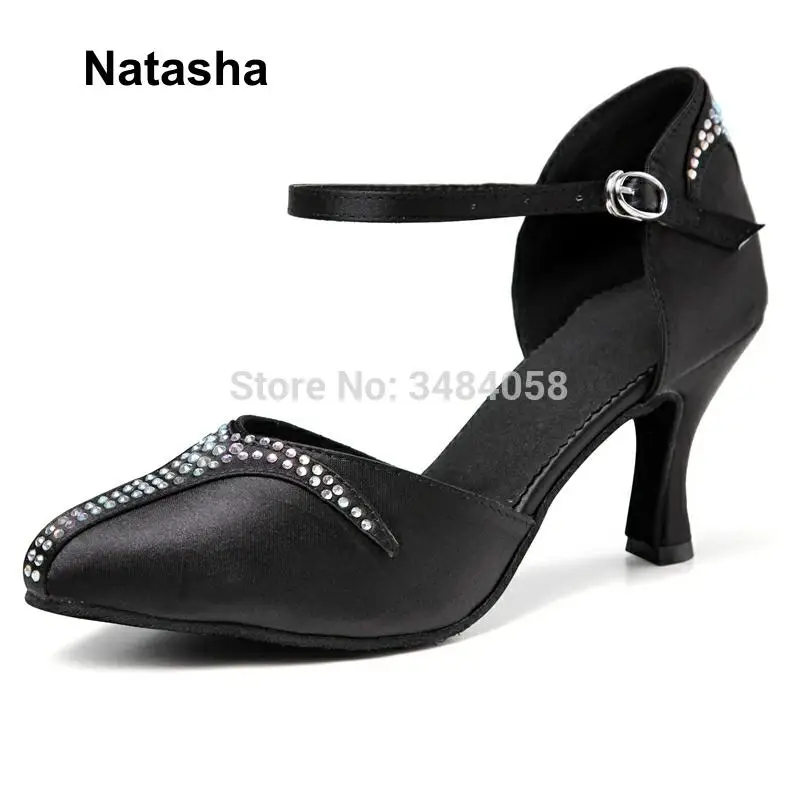 Наташа атласная Бриллиантовая черная танцевальная обувь Современная для