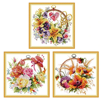 

Cross Stitch for Whole Embroidery Needlework Kit Lily,red Poppy And Rose Flower Crossing Printed Canvas for Wedding Wall Decor