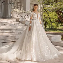 A-Line Beaded Wedding Dress 2022 Sparkling Appliques Long Sleeve Bride Lace Princess Detachable Train Bridal Gowns
