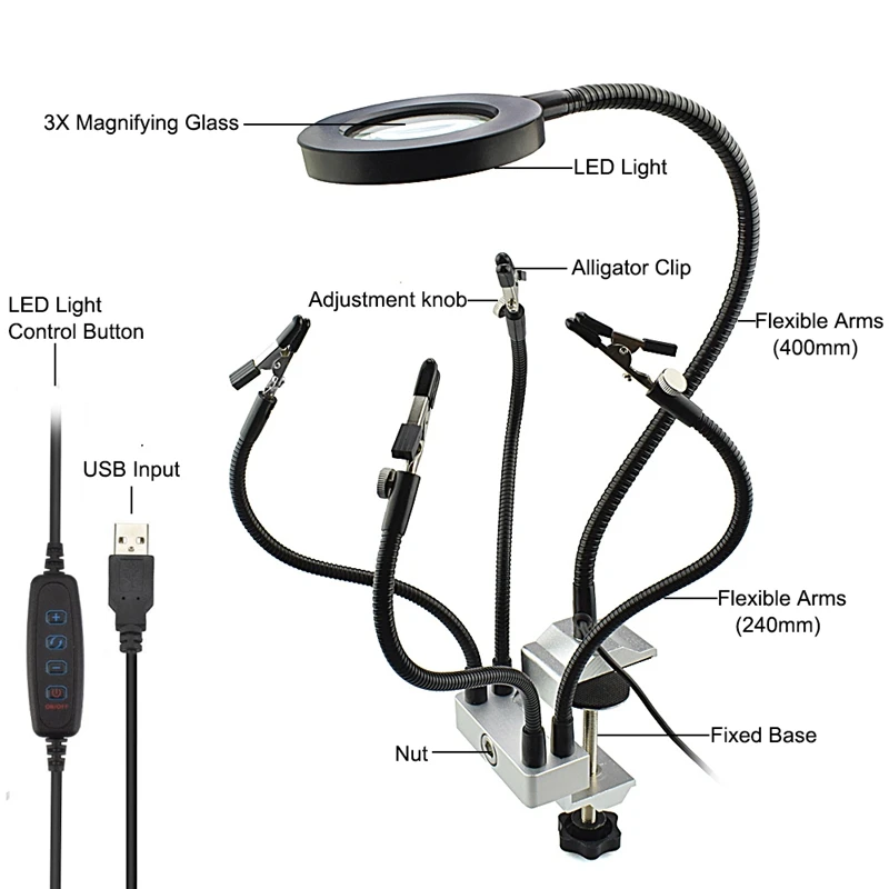 Led 3X Magnifier Bench Vise Table Clamp Soldering Helping Hand Soldering Station Usb 5Pc Flexible Arms Third Hand Tool