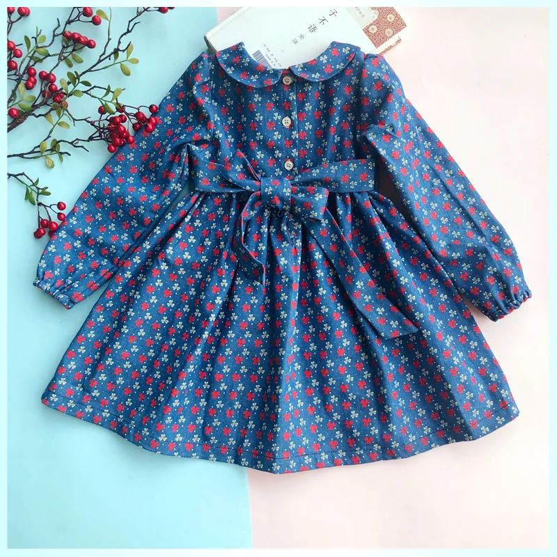 red floral Платье с цветочным принтом для маленьких девочек; Западная классика; с бантом; Новинка года; модные вечерние платья с длинными рукавами и оборками для девочек - Цвет: red floral