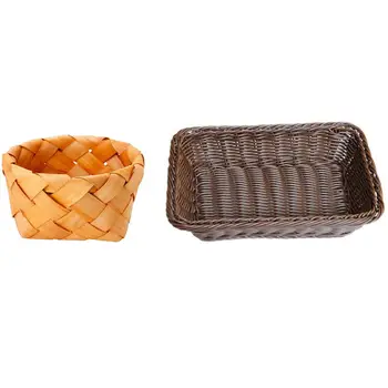 

Dark Brown Hand-Woven Storage Basket Rattan 30X20X7cm & Round Fruit Basket Wood Basket Picnic Storage Basket 17X7.5cm