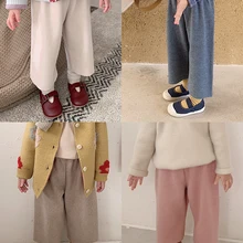 Штаны для девочек из чистого хлопка; сезон весна-осень; детские спортивные однотонные брюки для отдыха; однотонные прямые брюки для малышей; одежда