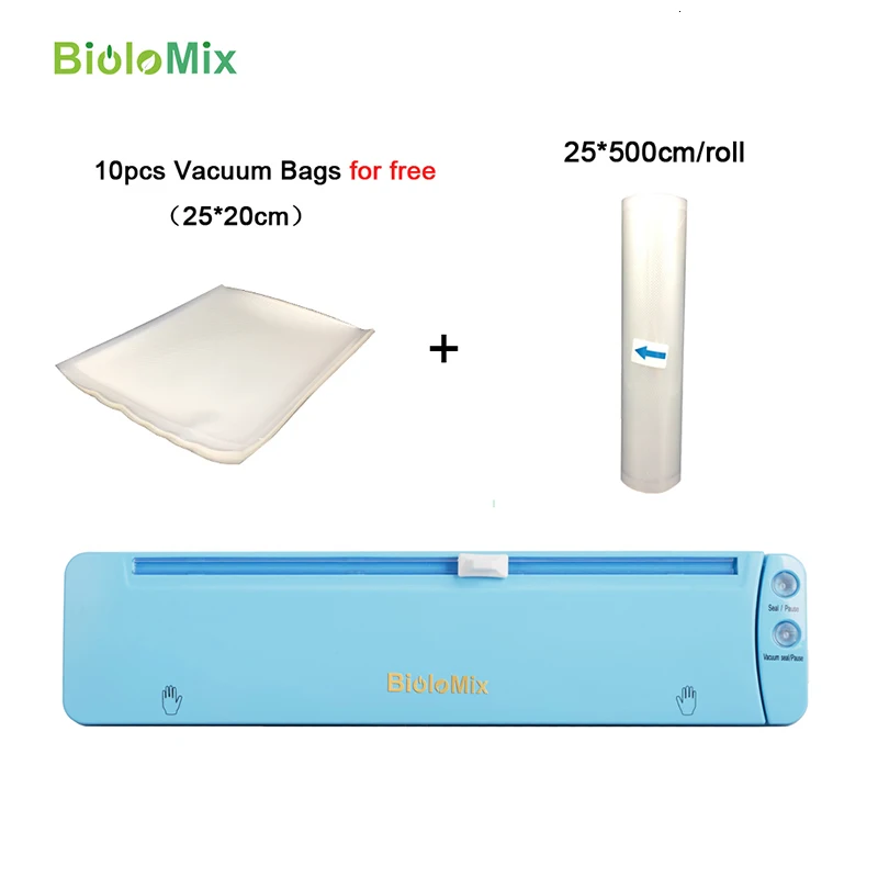 Biolomix вакуумный упаковщик со встроенным резаком 220 В автоматическая упаковочная машина для пищевых продуктов 10 бесплатных пакетов лучший вакуумный упаковщик для кухни синий - Цвет: with extra 1roll