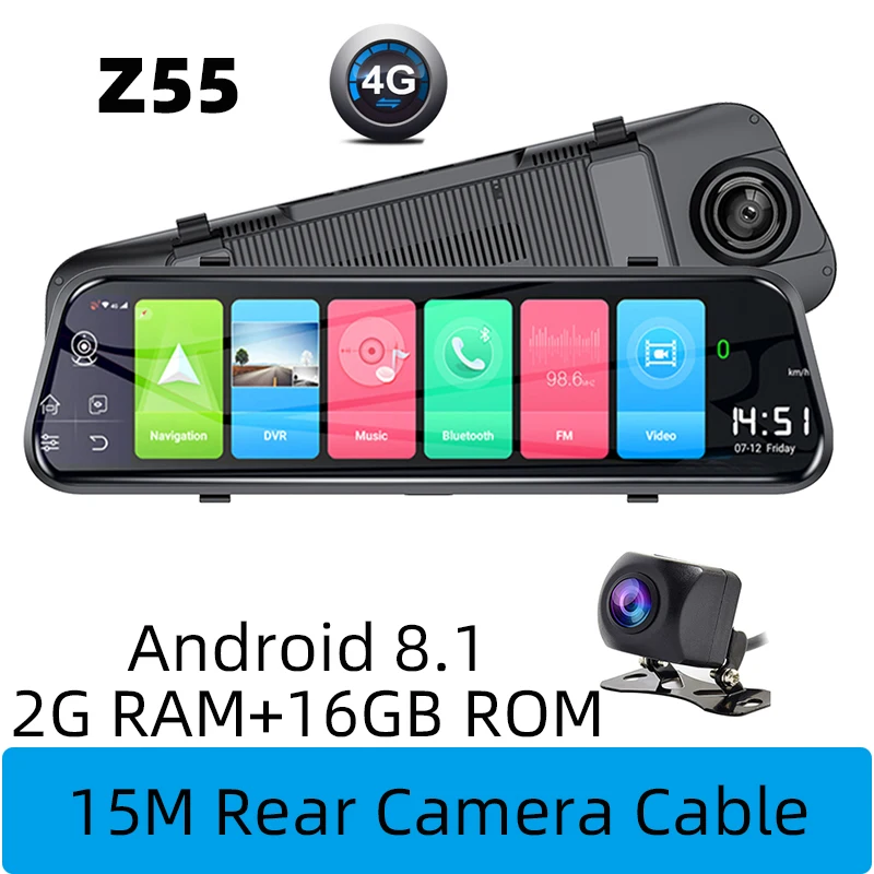 Z55-15M Cables 9,6 ''4G ADAS Android 8,1 2GB ram Автомобильный видеорегистратор 1080P с двумя объективами gps Wifi FM Bluetooth Авто регистратор зеркало заднего вида Z55 - Название цвета: Z55-15M Cables