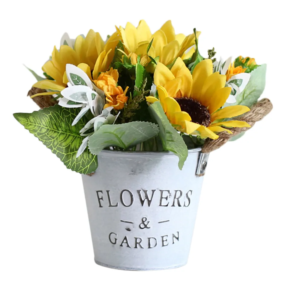 Fake Flowers In Metal Potted Ornaments Decorations Sunflower Thick Hemp Rope Retro Tin Bucket Vintage Simulation Bonsai | Дом и сад
