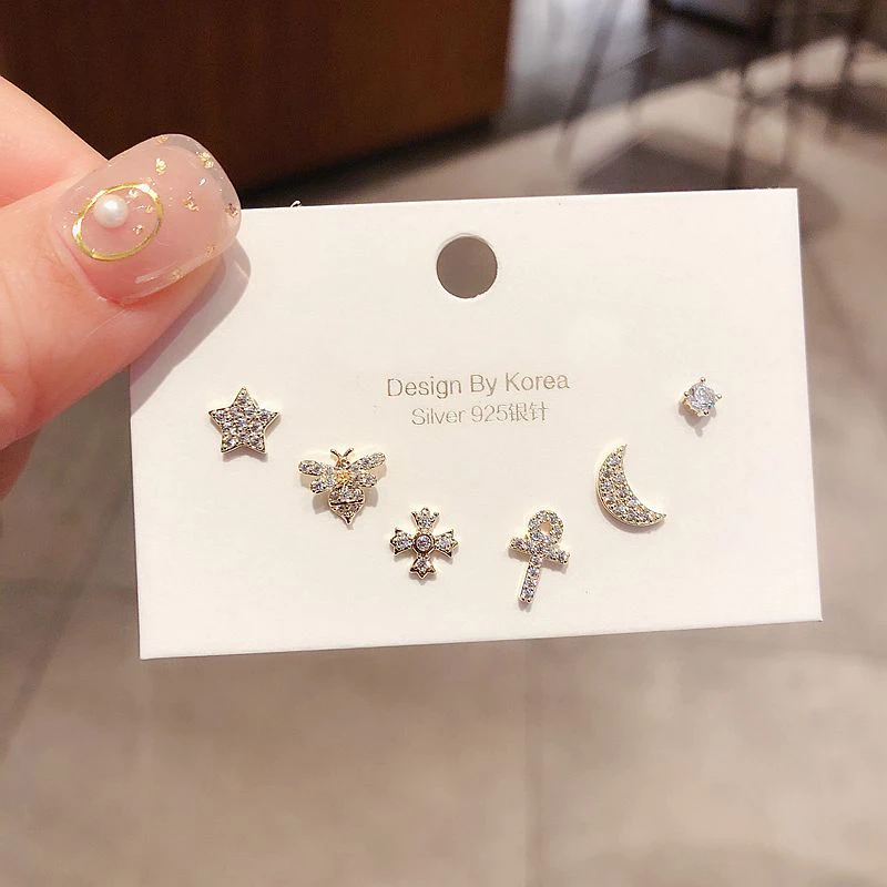 Trendy 6pcs Micro Paved Cubic Zircon Small Stud Earrings Set Gold Color Moon Cross Bee Star Earrings for Women