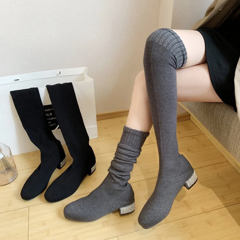 Сапоги выше колена; колготки для девочек колготки botas mujer пикантные облегающие сапоги до бедра женская обувь с украшением в виде кристаллов на высоком каблуке, Модные Брюки-стретч Сапоги Большой размер женские блеск туфли-лодочки