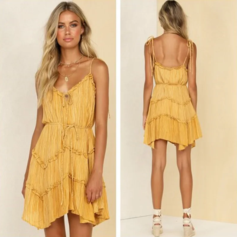 

Europe And America New Style Wrinkle Cotton Frilled Joint Irregular Strapped Dress