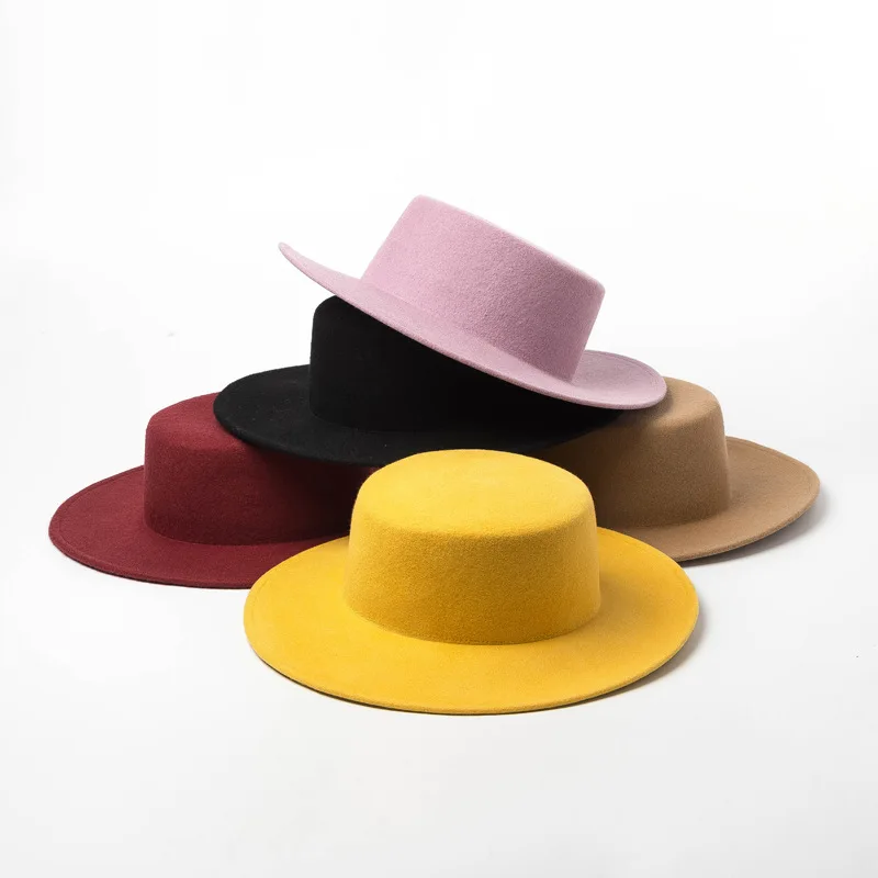 Оптовая продажа осенне-зимняя шерстяная шляпа Fedoras для женщин однотонная плоская