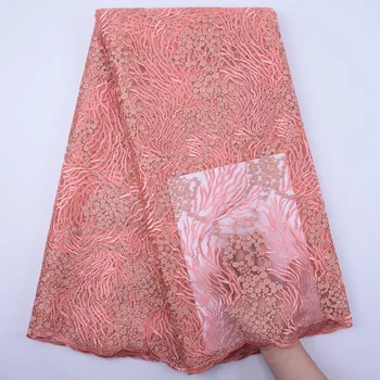 

Latest Nigerian Laces Fabric High Quality Tulle African Lace Embroidery with Stones French Lace Fabric Pink Dress Party Material