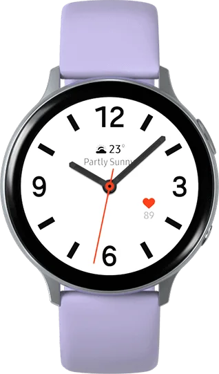 Five Galaxy Watch active2 watches with Green sport band, Orange leather strap, Violet sport band, Pink leather strap, and Aqua black sport band along with various watch faces that allow a variety of combinations are combined together into a single group.