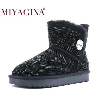 

MIYAGINA Waterproof Genuine Leather Shearling Wool Fur Lined Short Winter Boots Crystal Women Ankle Snow Boots Fashion Shoes