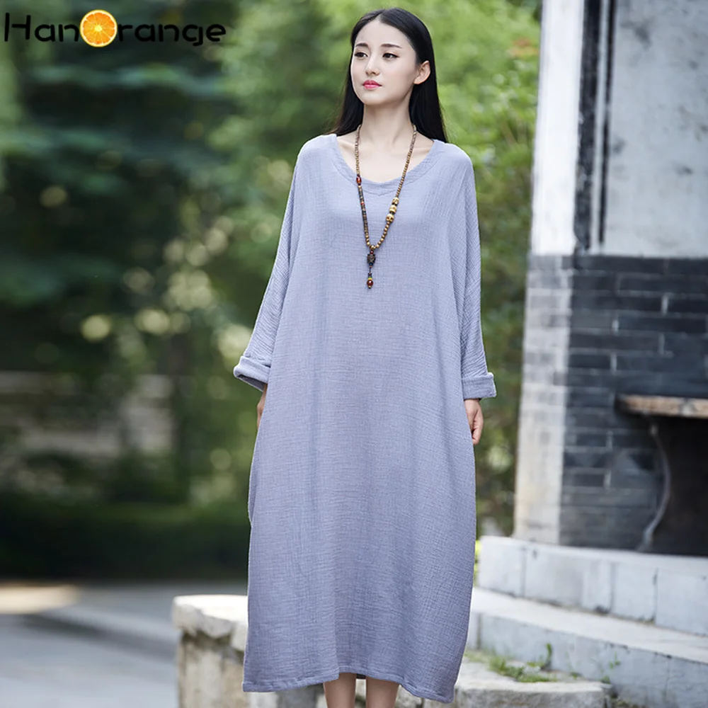 

2019 Spring Autumn Spinning Original Double Layer Cotton Linen Simple Beautiful Dress Robe Drop Shoulder