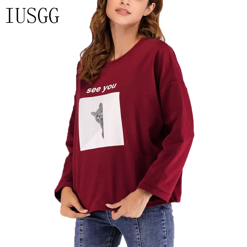 

Women Autumn Tops Hoodie Letter Printed O-neck Sweatshirt Cute Cat Pattern Long Sleeve Outerwear Loose Hoodie Sweatshirt Female