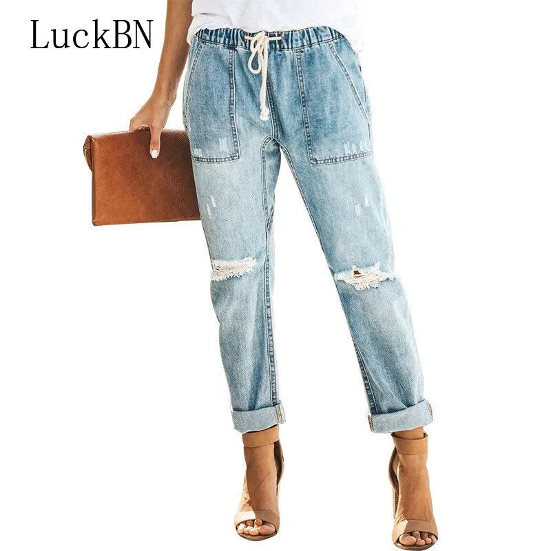 

Distressed Knee Ripped Long Jeans Women Autumn 2019 Holes Loose Trouser Jeans Drawstring Elastic Waist Pockets Denim Jeans Pants