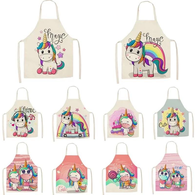 1Pcs Kitchen Apron Cartoon Unicorn Music Printed Sleeveless Cotton Linen Aprons for Men Women Home Cleaning Tools 55*68cm