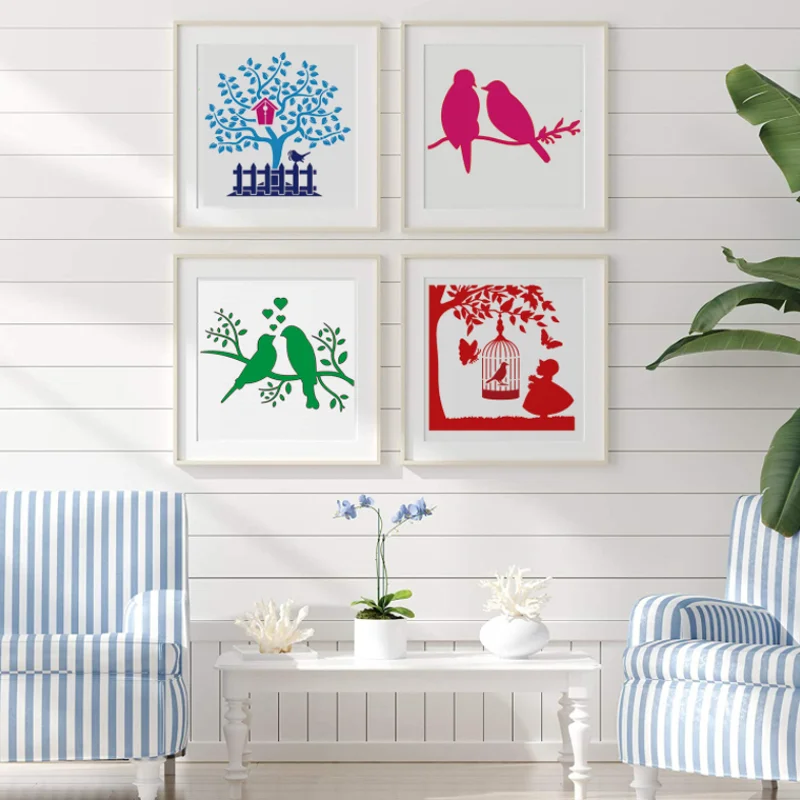Plantillas Pintura Pared Muebles 9 Plantillas De Pintura Con Motivos De Pájaros Y Árboles | 23x23 Cm | Reutilizables | Para Paredes Y Muebles Plantillas Stencil