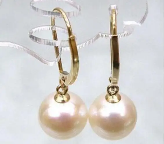 

noble jewelry Genuine AAA+++ 10-10.5mm Round White South Sea Pears Dangle Earring 14k Solid Gold free shipping