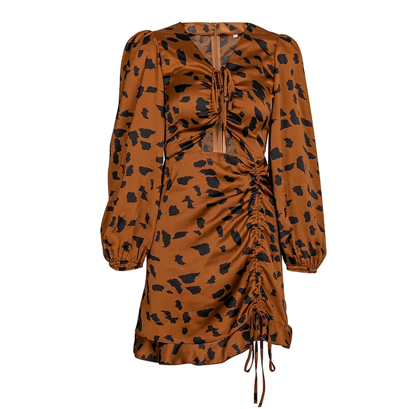 Сексуальное леопардовое Бандажное платье Lessverge, женские вечерние платья с рюшами в стиле бохо, осенне-зимнее сатиновое шелковое элегантное платье черного цвета - Цвет: color 3