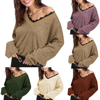 

Women Autumn Long Sleeve Lace V Neck Pullover Batwing Sleeve Loose Blouse Top