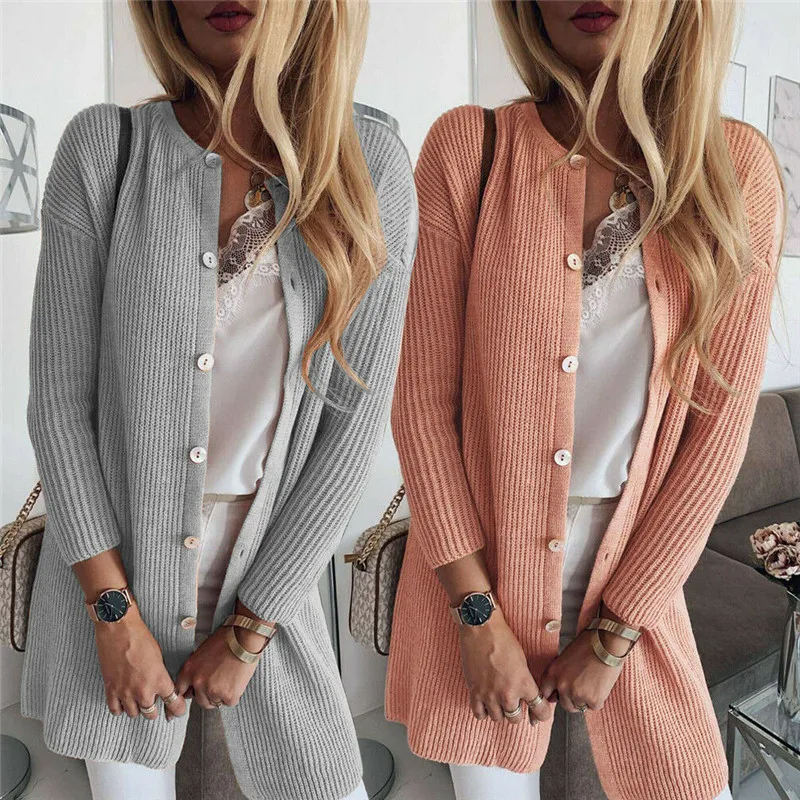 

2019 Fashion Solid Color Women Button Sweaters Long Cardigan Loose Sweater Long Sleeve Knitted Outwear Tops