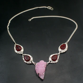

Hermosa Natural Druzy Blood Red Garnet Silver Color Women Necklace Chain 18 Inch A912