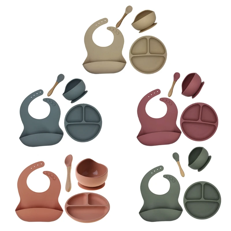 4pcs/set Baby Plate Silicone Tableware Waterproof Bib Baby Bowl Dinner Sucker Bowl Spoon Newborn Accessories plate suction