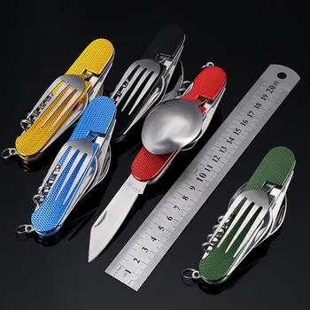 

More Function Folding Knife Fork Spoon Corkscrew Opener Can Disassembly Group Combine Outdoors Tourism Tableware EDC Tool Knife