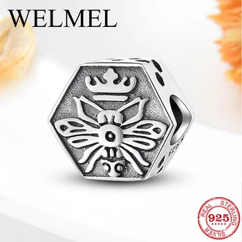 

Hot New 925 Sterling Silver Bead Charms Fit original Women Bracelets Necklaces Polygon Pattern Queen Bee DIY Fine Jewelry