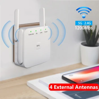 

Wifi Range Extender 1200Mbps 2.4&5Ghz Dual Band Wifi Signal repeater Booster Amplifier for Home Office with 4 External Antennas