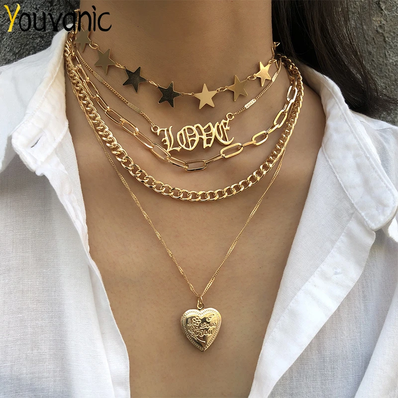 Youvanic, Ретро стиль, многослойный золотой медальон на цепочке, ожерелье с подвеской в виде сердца, любовные буквы, звезда, колье для женщин, модное ювелирное изделие, воротник 2614