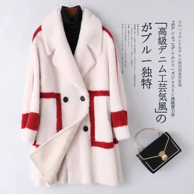 white stitching red Высококачественная оторочка из овечьей шерсти пальто зимняя женская теплая куртка модная шерсть ягненка куртка Женская Верхняя одежда Пальто меховое Женское пальто - Цвет: white stitching red