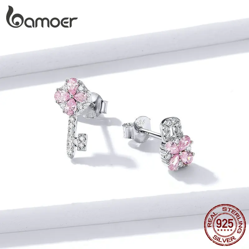 Bamoer 925 пробы Серебряный Мягкий Розовый CZ цветок ключ и замок асимметричные серьги гвоздики для женщин Свадебные модные ювелирные изделия BSE306