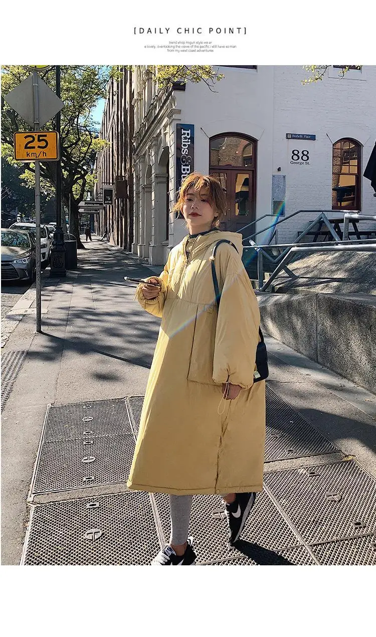 Students Thick Warm Solid Color Cotton Coat Women's Mid-length 19 Winter New Style Korean-style Loose Casual Hooded Pullover Cot