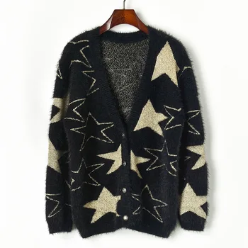 

Women Loose Sweater Cardigan 2019 Fall Winter Thick Warm Stars Faux Mink Knit Coat Runway V Neck Single Breasted Cardigan P-090