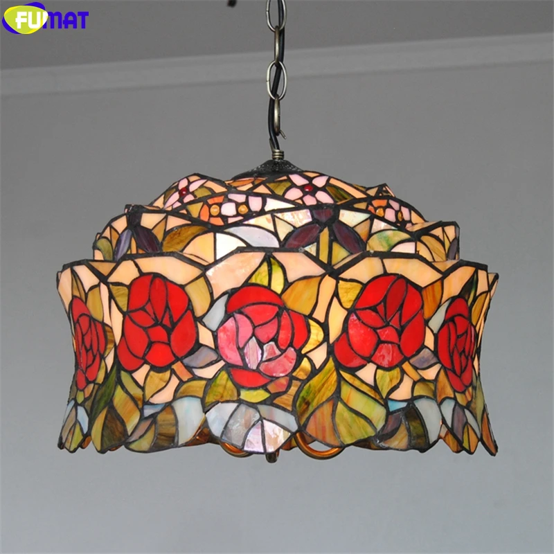 FUMAT Tiffany Style Pendant Lamp 3D Solid  Red Rose Stained Glass Light Handcraft Arts Hanging Light Fixture 8003