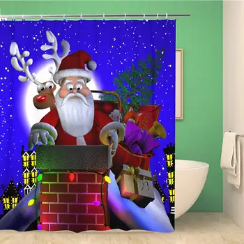 

60x72 Inches Shower Curtain Computer Generated 3D Cartoon Depicting Santa Claus on a Rooftop Stuck in Chimney Waterproof